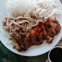 Mini - 2 Choice · 2 choices of meat served on a bed of cabbage with 1 scoop of rice, 1 salad choice, and 1 sau...