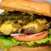 Jalapeño · Over 1/3 lb fresh beef patty with cheese, grilled jalapeños, lettuce, tomatoes, pickles, oni...