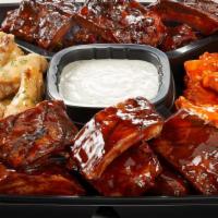 The Bones Platter (Large) · Serves 8 - 12.  Whiskey Glazed Ribs, Apple Butter Ribs & Traditional wings with Choice of Sa...