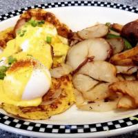 Bayou Eggs Benedict · House brined and smoked tasso ham on jalapeno corn cakes, topped with homemade hollandaise s...