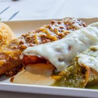 Combo 3 · Choice of three enchiladas, tamale, tostada or crispy taco. Served with rice and beans.