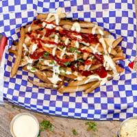 Loaded Fries With Chicken Or Gyro Meat · Fresh Cut fries topped with grilled chicken or gyro meat and drizzled with our delicious whi...