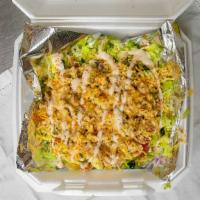 Flavored Chicken Salad · Flavored chicken served on lettuce, tomato, pickle, onion, egg, cheese, cucumber, toast and ...