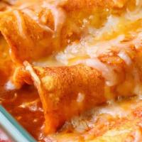Cheese Enchiladas · Three cheese red or green enchiladas with rice and refried beans.