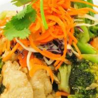 Broccoli And Garlic · Broccoli, carrot with pepper and garlic. Served with Jasmine rice. Can be made gluten free.