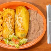 2 Cheese Chile Rellenos · With Spanish rice and fried beans.