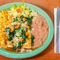 3 Tri-Colored Cheese Enchiladas · 1 red, 1 green, and 1 sour cream served with fried beans and Spanish rice.
