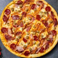 Meat Lover Pizza · Canadian bacon, pepperoni, hamburger, and sausage baked on a hand-tossed dough.