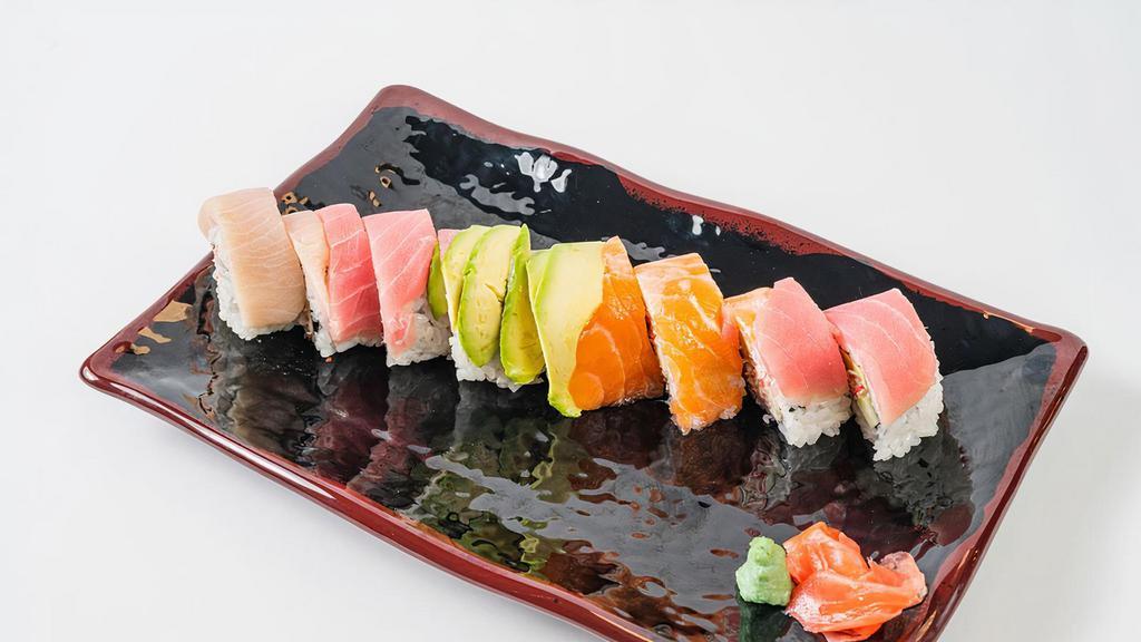 Rainbow Roll · (california roll top with salmon tuna,white fish and avocado)