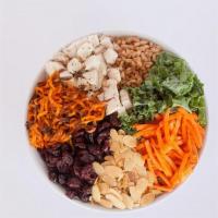 Superfood Bowl · Warm farro, kale, roasted chicken, carrots, sweet potatoes, almonds, cranberries, and house ...