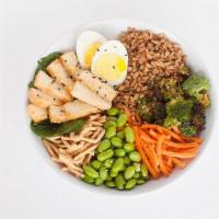 Miso Power Bowl · Miso marinaded tofu, farro, spinach, egg, edamame, carrots, roasted broccoli, sesame seeds, ...