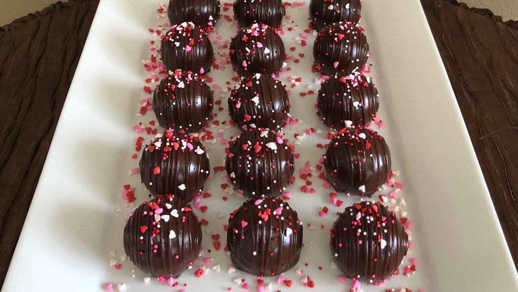 Heart Sprinkles Chocolate Cake Truffles · Beautiful Gift Box of 16 Chocolate Cake Truffles.  These moist and delicious Chocolate Cake Truffles are iced with fudge ganache icing.  Topped with Pretty Heart & sugar sprinkle mixture.