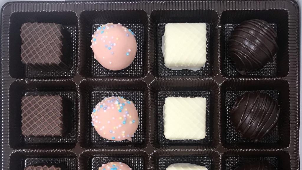Gift Box Of 16 Assorted Petit Treats · Gift Box of 16 Assorted Petit Treats.   This box of Delicious Bite size treats includes:  4 Chocolate Petit Fours, 4 Pink Cake Balls, 4 Vanilla Petit Fours, and 4 Chocolate Cake Truffles!
