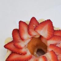 Strawberry Cream Cheese · Glazed donut topped with cream cheese and fresh strawberries.