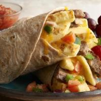 Southwest Breakfast Wrap · Organic wheat wrap filled with fresh-cracked eggs, melted cheddar, our fresh-made pico de ga...