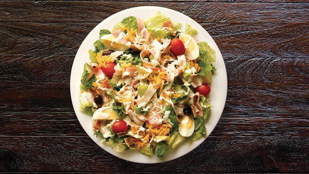 The Big Chef Salad · Nitrite-free ham, roasted turkey breast, Asiago, cheddar, grape tomatoes, Italian Olive Mix, hard-boiled egg, mixed salad greens, served with ranch dressing.