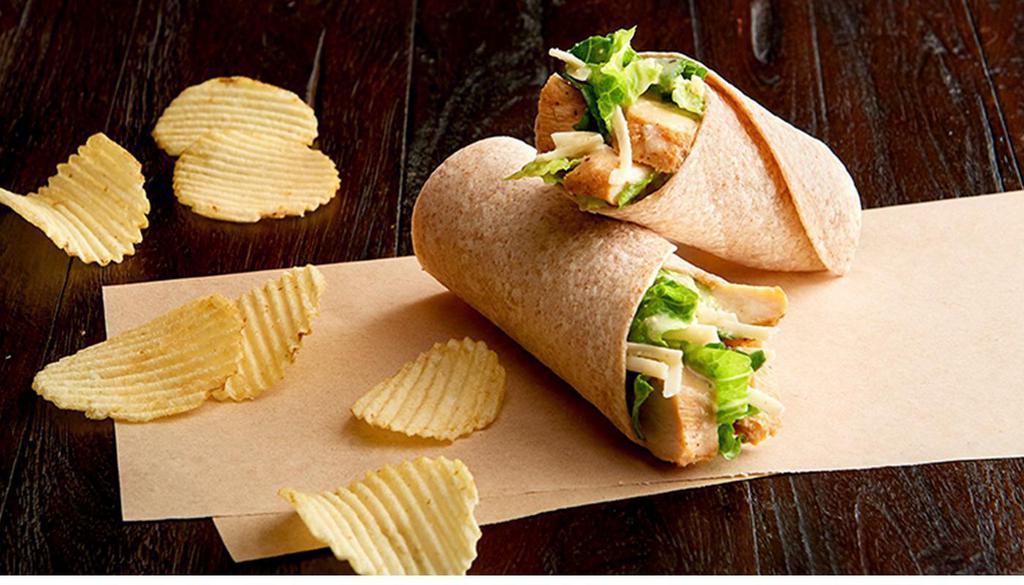 Chicken Caesar Wrap · Grilled, 100% antibiotic-free chicken breast, romaine, Asiago, Caesar dressing, on a toasted organic wheat wrap.