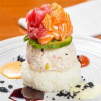 Ahi Tower ( Tuna Or Salmon ) · * Layers of: Sushi rice, crabmeat, avocado, tobiko topped with choice of fish
