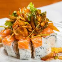 Payday · *in -shrimp tempura, crabmeat, cucumber top - salmon, topped with spicy ponzu
 mixed cilantr...