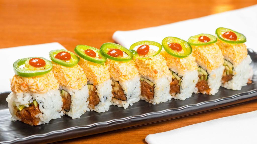 Panic · *in - spicy tuna, cucumber
top - spicy crabmeat, jalapeno