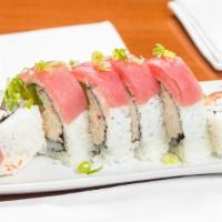 Roll Over · in - avocado, crabmeat, tuna, salmon, snapper top - tuna, green onion
sauce - ponzu