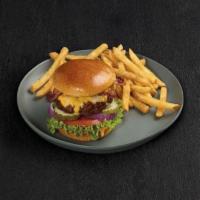 Bacon Cheeseburger · Cheddar, all-natural cheddar spread, lettuce, tomato, red onions, pickles, bacon & Fridays s...