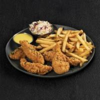 Crispy Chicken Fingers · 5 Crispy fried chicken fingers served with coleslaw, seasoned fries and Honey Mustard dressing