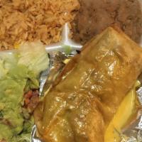 Chimichanga Plate · Fried burrito covered in melted cheese, served with rice, beans and salad.