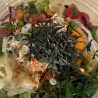 Vegetable Bowl · kale, spring mix, tofu, pineapple, tomato, cucumber, avocado, seaweed salad, chia seed, and ...