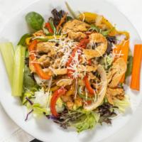 Grilled Chicken Fajita Salad · Mix bell peppers,onions, mozzarella cheese, tomato, carrots, celery, ranch dressing.