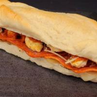 Chicken Pizzawich · Grilled Chicken Breast, Pepperoni, Smoked Mozzarella cheese, Provolone cheese, Parmesan chee...