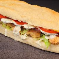 Bacon Clucker · Grilled Chicken Breast, thick-cut Bacon, crisp iceberg Lettuce, Tomato, Ranch dressing and C...