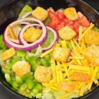 Veg-Out Salad · No meats here!  A healthy serving of crisp Iceberg Lettuce, Romaine, diced Tomato, sliced Re...