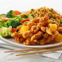 Orange Chicken · Battered chicken tossed in a tangy orange sauce, served with mixed vegetables and your choic...