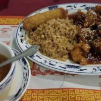 Sesame Chicken · Chunks of dark chicken deep fried sauteed in special sauce, change to chicken tender meat ad...
