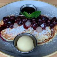 Blueberry & Ricotta Pancakes · Blueberry compote, lemon gel, honey butter, maple syrup