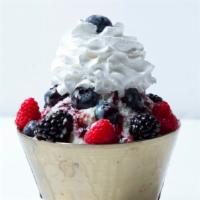 Three Berries Bingsu · Shaved ice cream topped with blackberry, blueberry & raspberry. Contains dairy