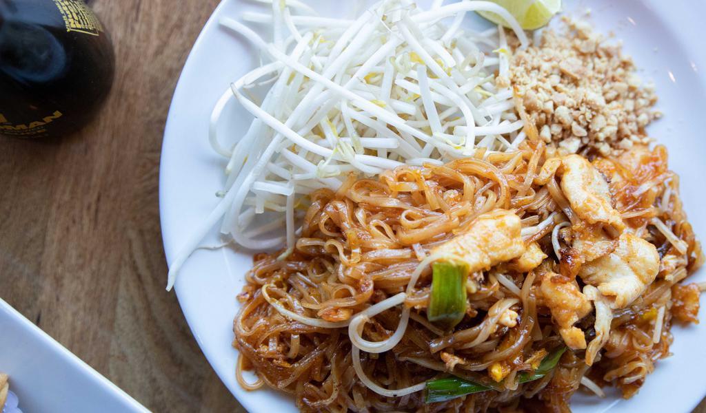 Forever Taste Pad Thai (Appetizers) · Thin rice noodles stir fried with eggs, tofu, bean sprouts, and green onions. Topped with shredded cabbage, carrots, and roasted ground peanuts.