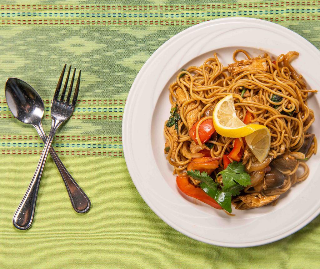 Spaghetti Kee Mao (Appetizers) · Thin spaghetti noodles your choice of meat stir fried with thai spices, onions, straw mushrooms, fresh basil leaves, tomatoes, and bell peppers.