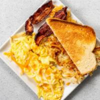 The Sunbow · Two eggs scrambled with jack cheddar cheese, bacon or breakfast sausage, hash browns, and a ...