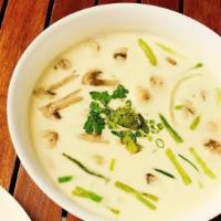 Tom Kha Soup · Gluten free. Rich and creamy Coconut based soup with exotic spices and Thai chili: coconut m...
