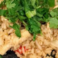 Basil Fried Rice · Vegetarian. Jasmine white rice fried with aromatic basil sauce: choice of protein, egg, onio...