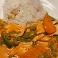 Red Curry · Spicy and gluten free. Thai Red Curry packs huge flavor punch! Served with your choice of pr...