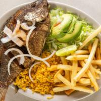 Fried Tilapia · Served with rice, salad, onions, french fries, bread or tortillas.
