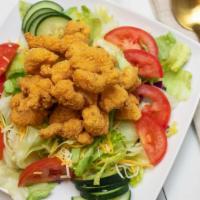 Fish Salad · Fish served over a garden salad with lettuce, tomato, cucumber, onions, purple cabbage and c...