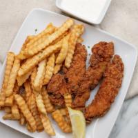 Chicken Strips · Three pieces with side.
