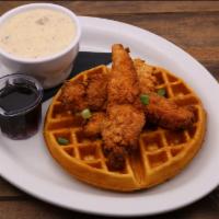Chicken & Waffle With Gravy · Hand breaded sriracha infused fried chicken
on a Belgian waffle. Served with a side of gravy.