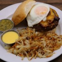Breckies Burger · All natural Texas Akaushi beef patty,
applewood smoked bacon, jack & cheddar,
cage free egg ...