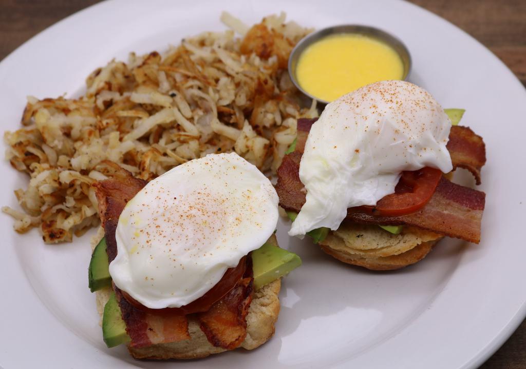 California Benny · Bacon, avocado, grilled tomatoes, poached
eggs over a toasted biscuit.