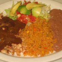 Chicken Mole · Shredded chicken topped with mole sauce, served with lettuce, our cream, pico de gallo, rice...